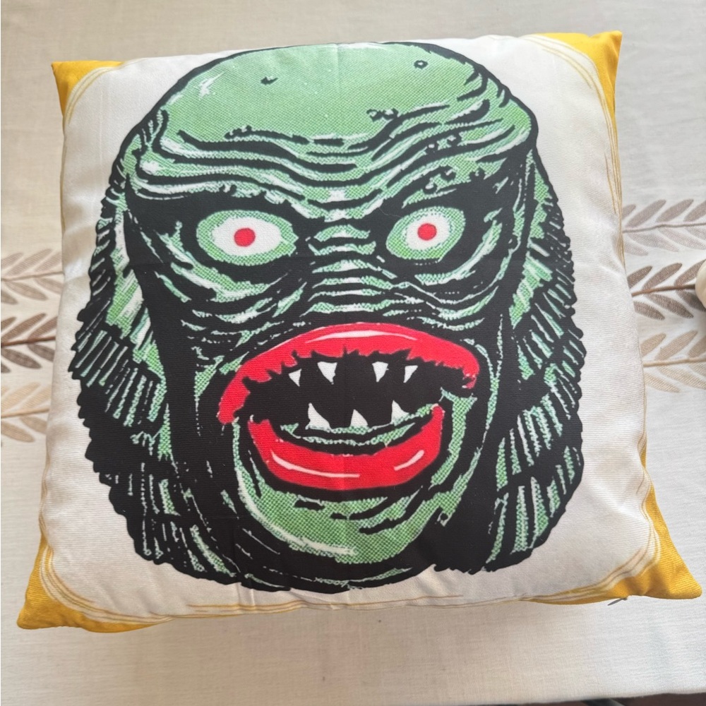 Green Monster Face Throw Pillow. —Cover and Pillow Enclosure Included